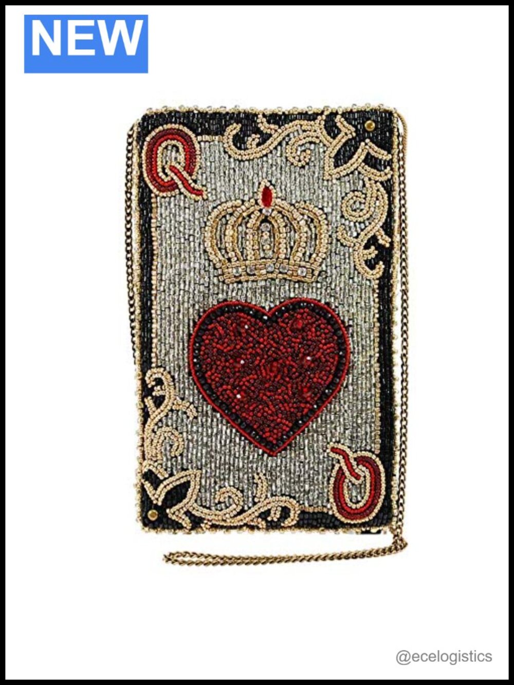 Hand-Beaded Queen of Hearts Crossbody Cell Phone Bag with Chain Strap